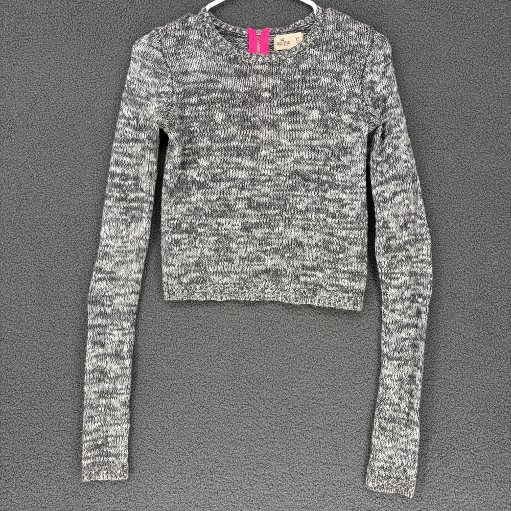 Hollister California Womens XS Grey Marled Knit Cropped Sweater Pink Back Zip